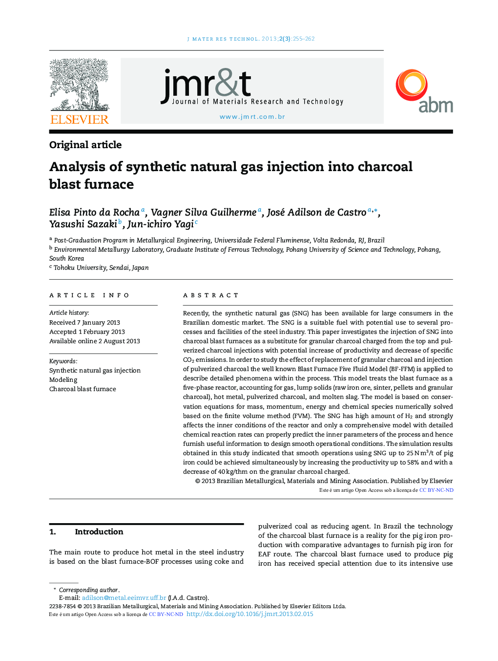 Analysis of synthetic natural gas injection into charcoal blast furnace