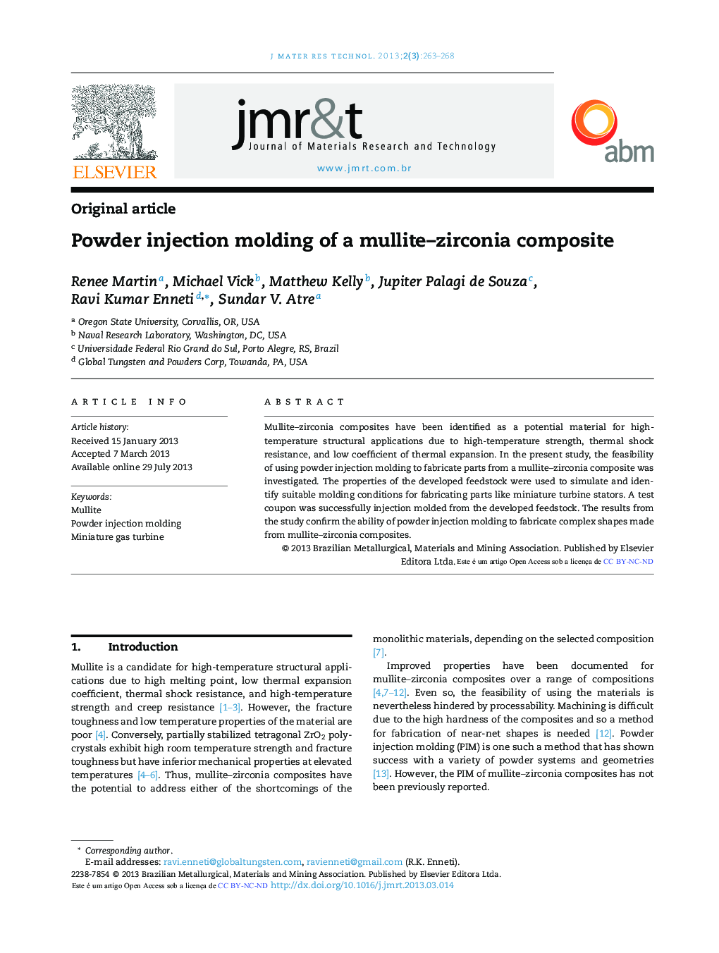 Powder injection molding of a mullite–zirconia composite