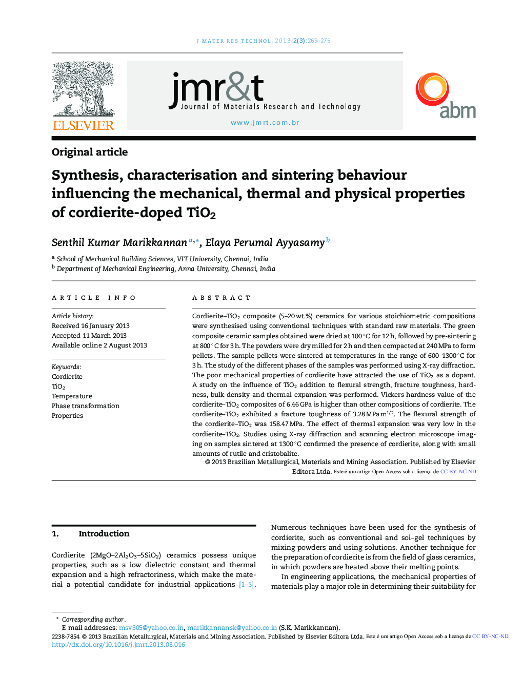 Synthesis, characterisation and sintering behaviour influencing the mechanical, thermal and physical properties of cordierite-doped TiO2