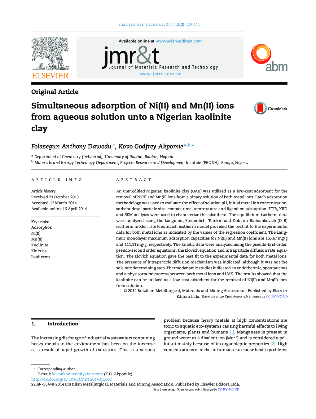 Simultaneous adsorption of Ni(II) and Mn(II) ions from aqueous solution unto a Nigerian kaolinite clay