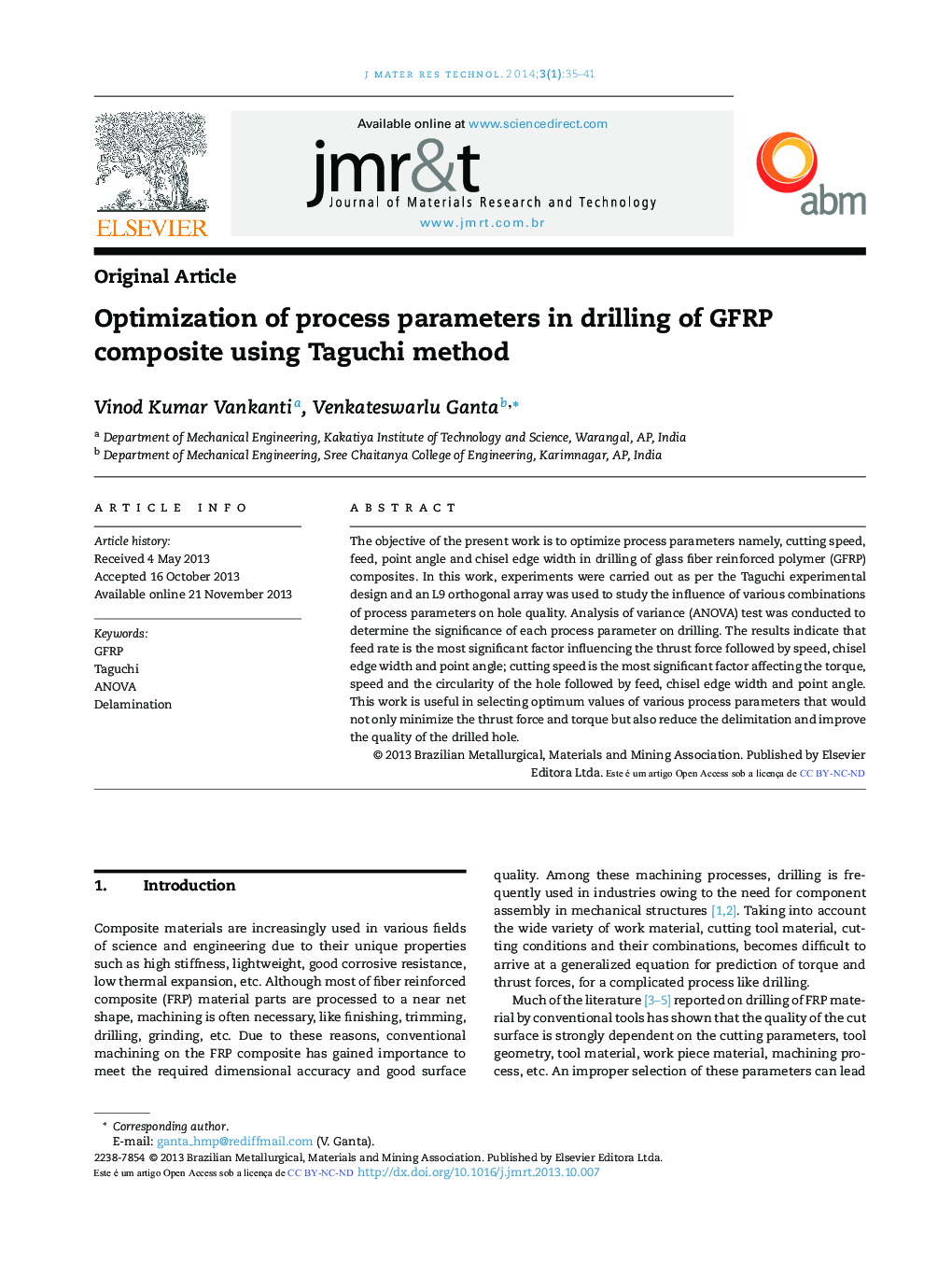 Optimization of process parameters in drilling of GFRP composite using Taguchi method