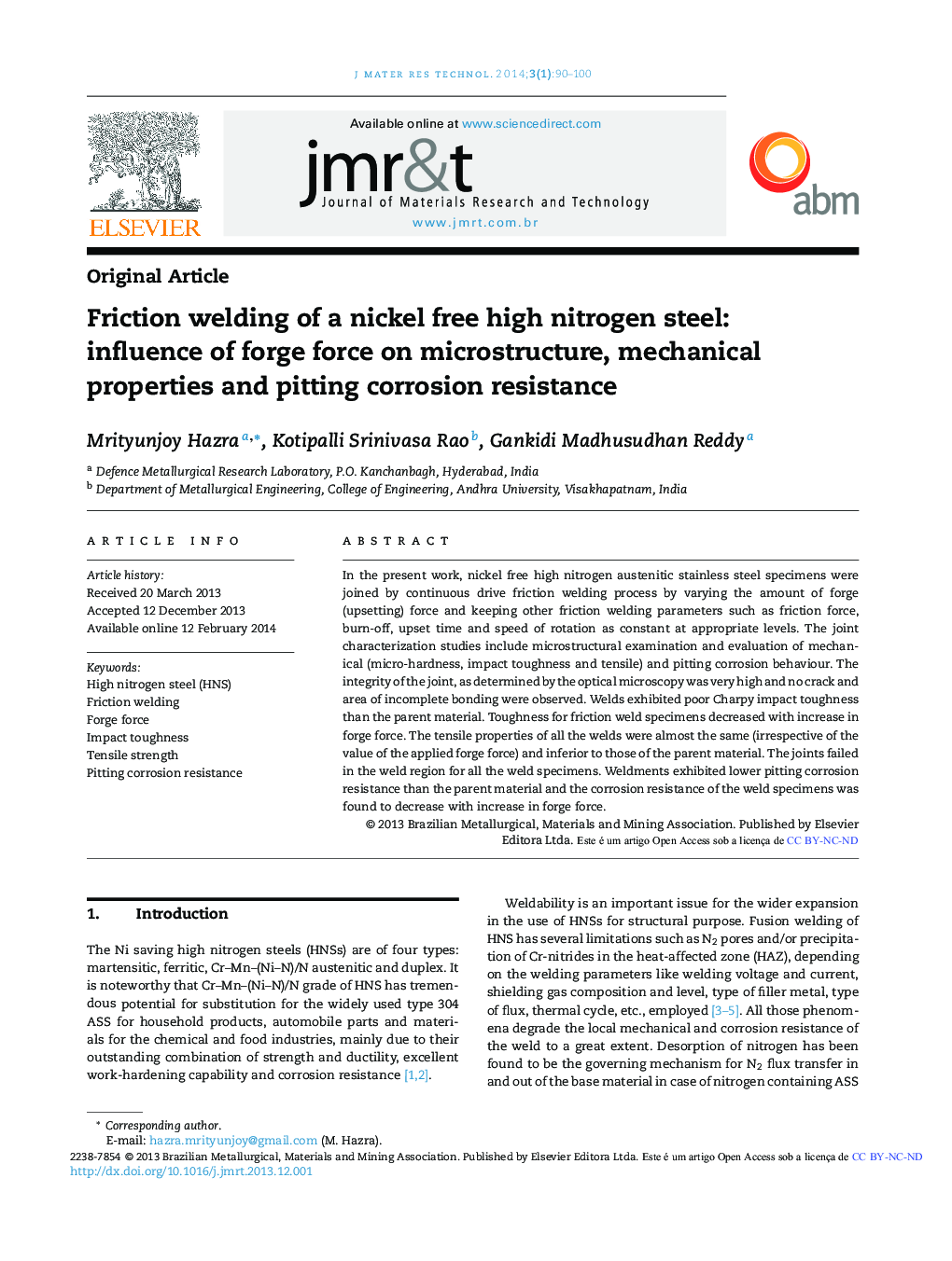 Friction welding of a nickel free high nitrogen steel: influence of forge force on microstructure, mechanical properties and pitting corrosion resistance