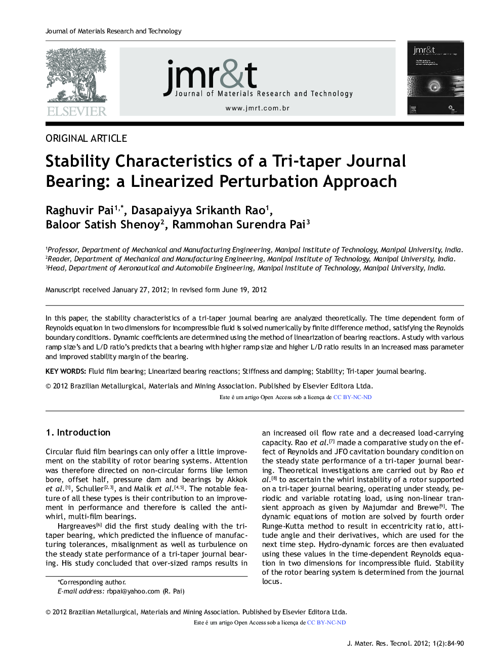 Stability Characteristics of a Tri-taper Journal Bearing: a Linearized Perturbation Approach