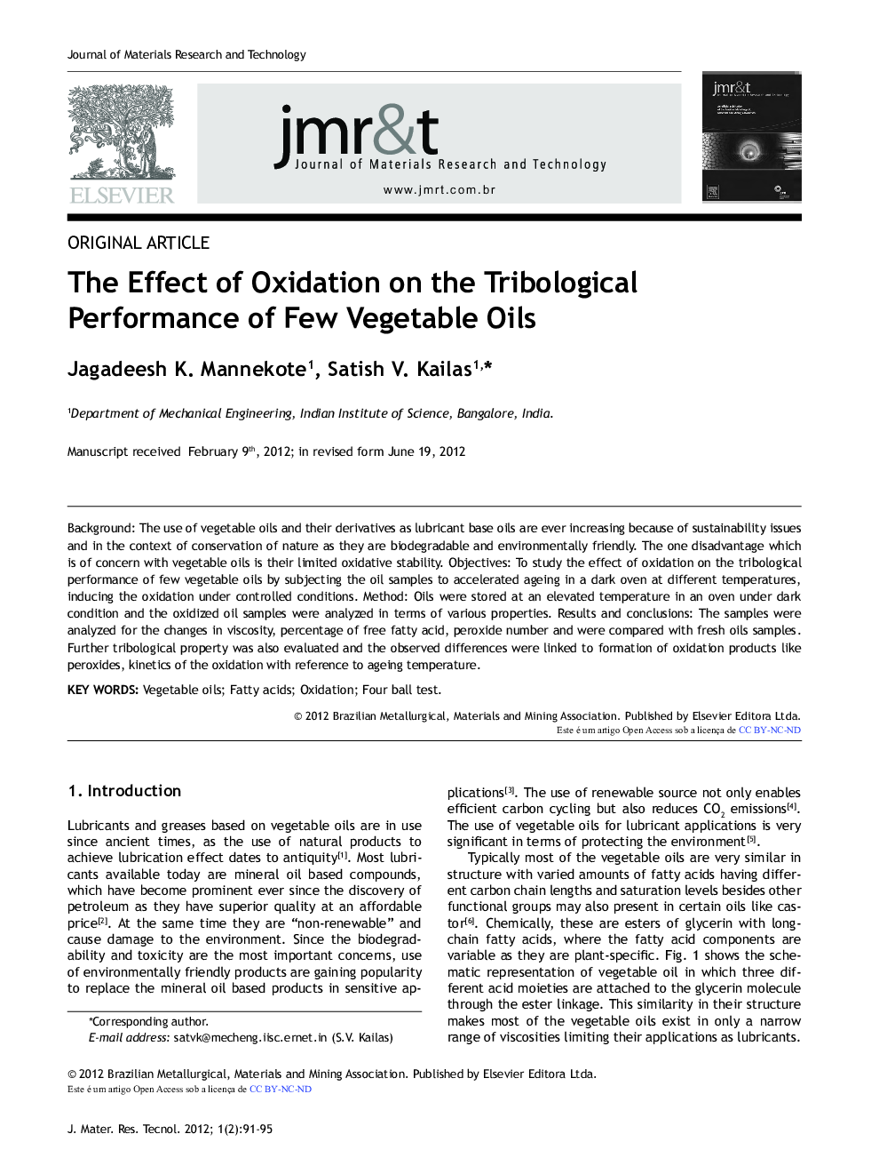 The Effect of Oxidation on the Tribological Performance of Few Vegetable Oils