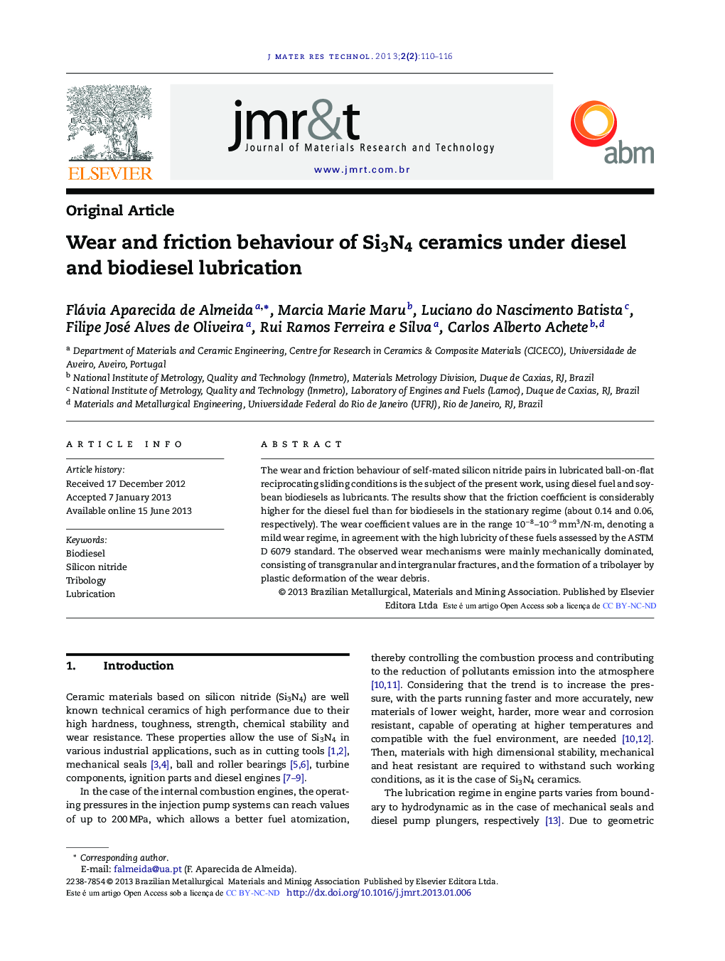 Wear and friction behaviour of Si3N4 ceramics under diesel and biodiesel lubrication