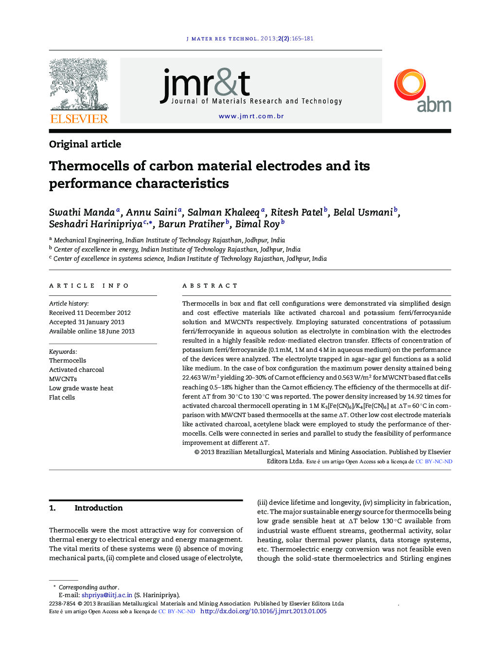 Thermocells of carbon material electrodes and its performance characteristics