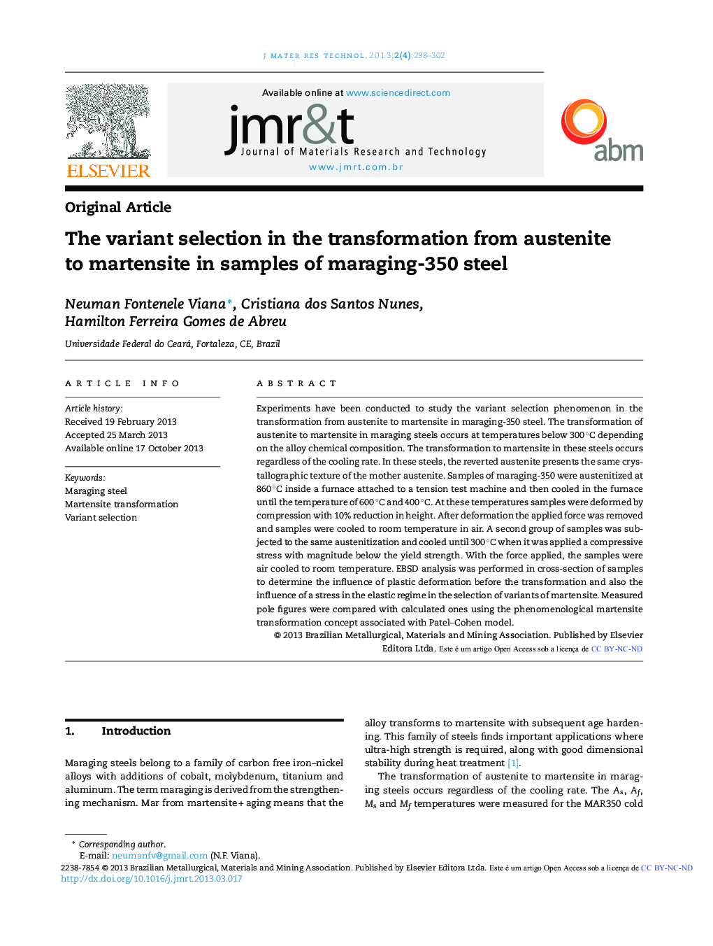 عکس صفحه اول مقاله: The variant selection in the transformation from austenite to martensite in samples of maraging-350 steel The variant selection in the transformation from austenite to martensite in samples of maraging-350 steel