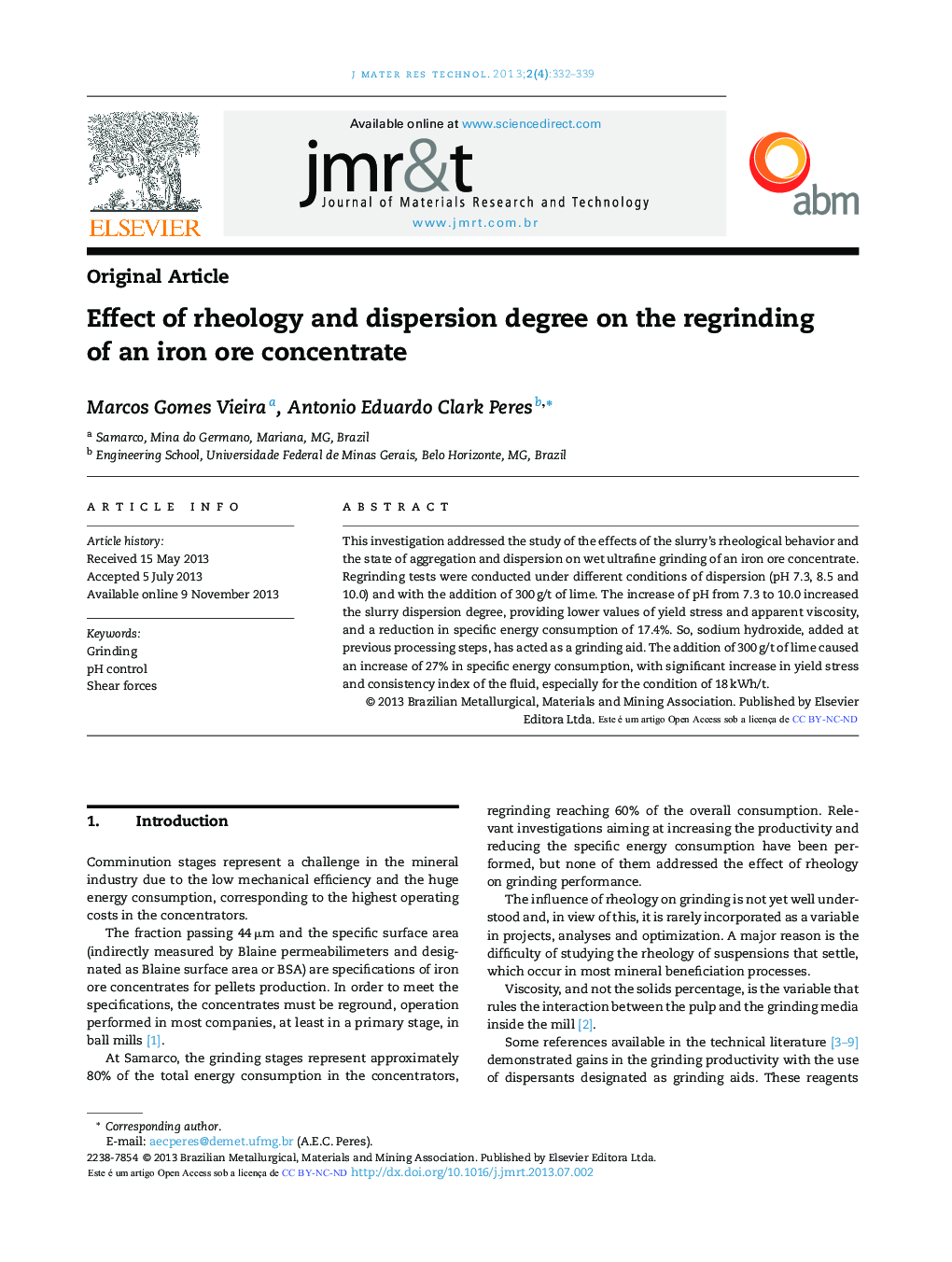 Effect of rheology and dispersion degree on the regrinding of an iron ore concentrate