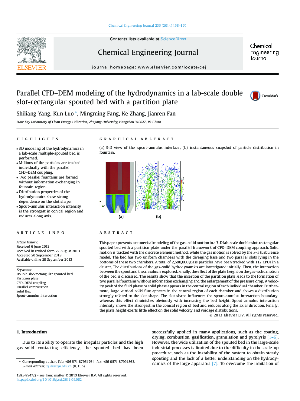 Parallel CFD–DEM modeling of the hydrodynamics in a lab-scale double slot-rectangular spouted bed with a partition plate