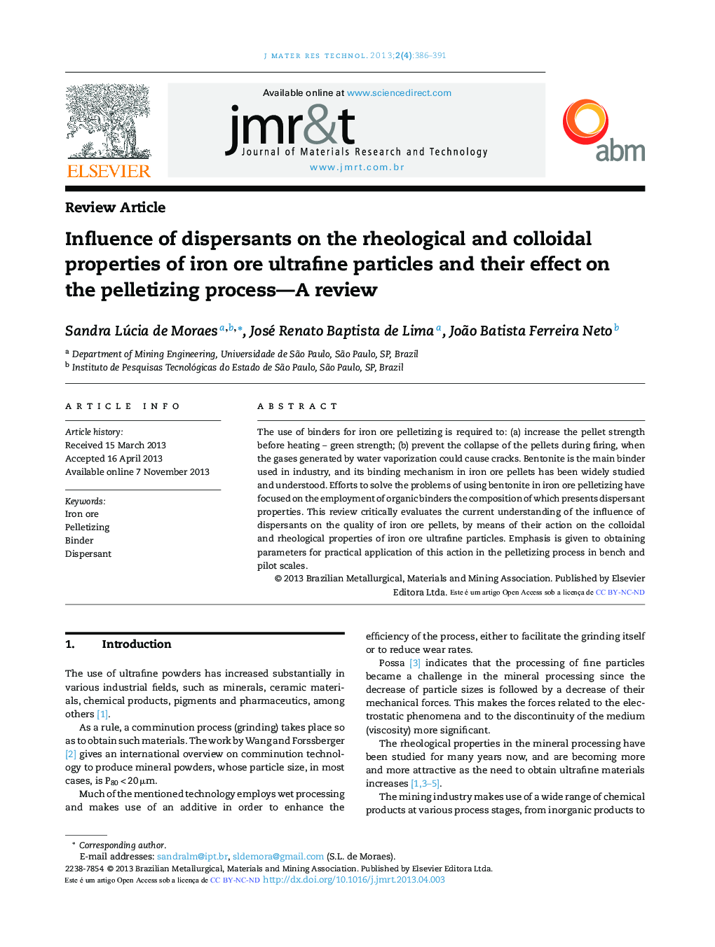 Influence of dispersants on the rheological and colloidal properties of iron ore ultrafine particles and their effect on the pelletizing process—A review