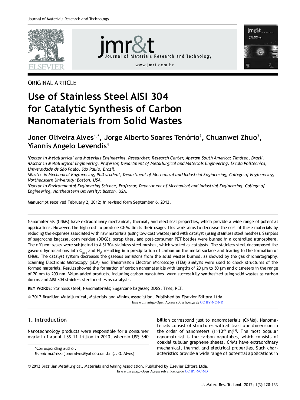 Use of Stainless Steel AISI 304 for Catalytic Synthesis of Carbon Nanomaterials from Solid Wastes