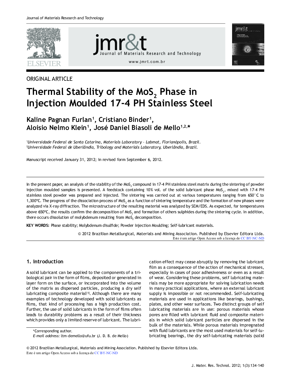 Thermal Stability of the MoS2 Phase in Injection Moulded 17-4 PH Stainless Steel
