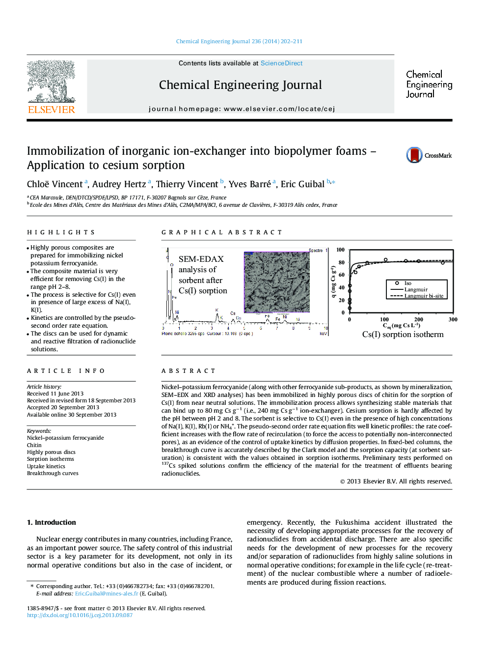 Immobilization of inorganic ion-exchanger into biopolymer foams – Application to cesium sorption