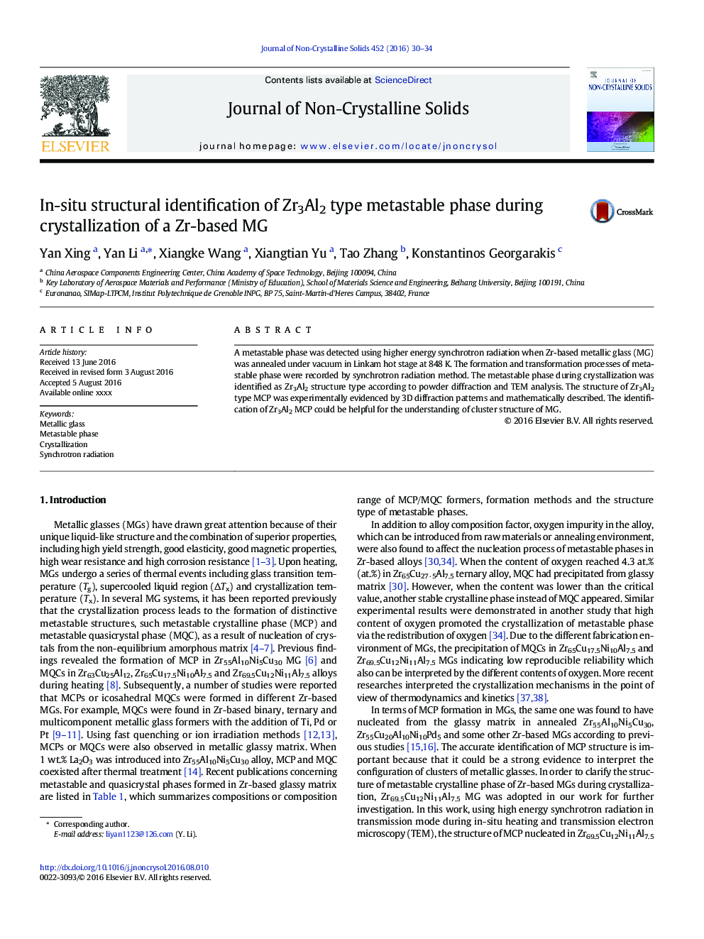 In-situ structural identification of Zr3Al2 type metastable phase during crystallization of a Zr-based MG