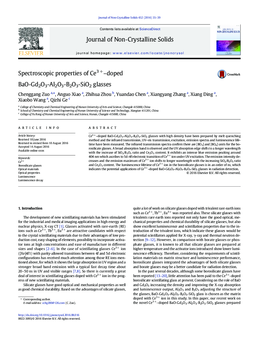 Spectroscopic properties of Ce3Â +-doped BaO-Gd2O3-Al2O3-B2O3-SiO2 glasses