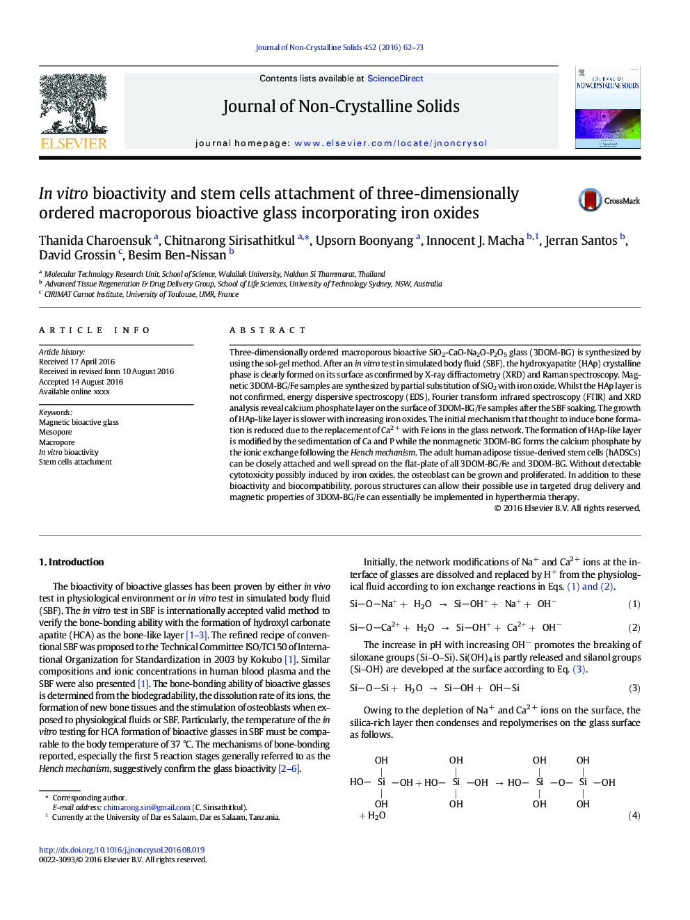 In vitro bioactivity and stem cells attachment of three-dimensionally ordered macroporous bioactive glass incorporating iron oxides