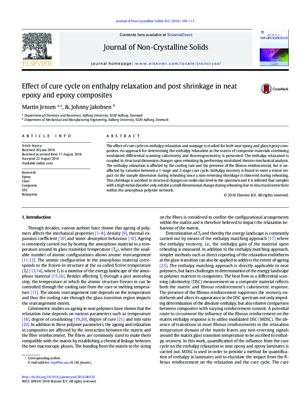 Effect of cure cycle on enthalpy relaxation and post shrinkage in neat epoxy and epoxy composites