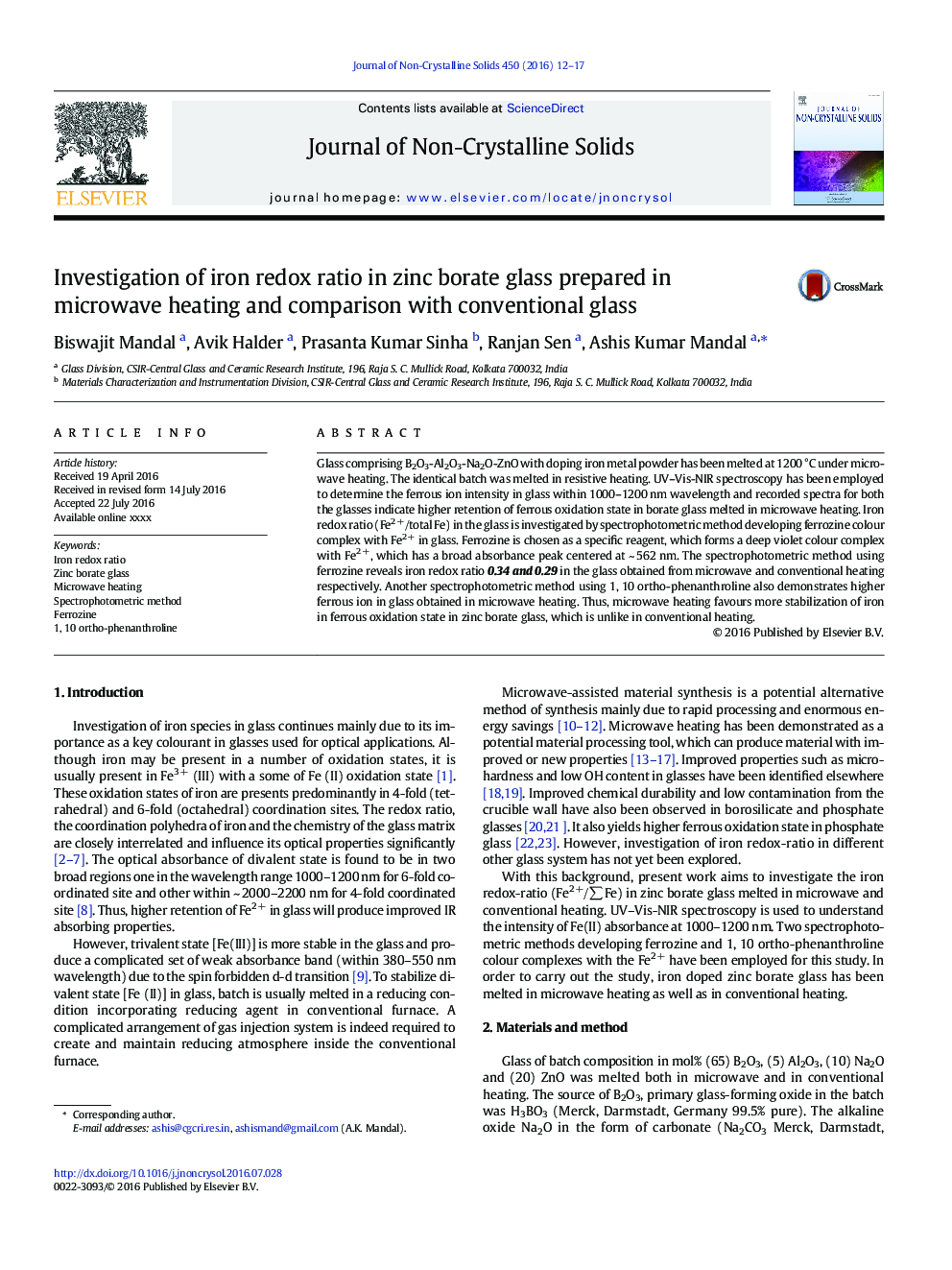 Investigation of iron redox ratio in zinc borate glass prepared in microwave heating and comparison with conventional glass