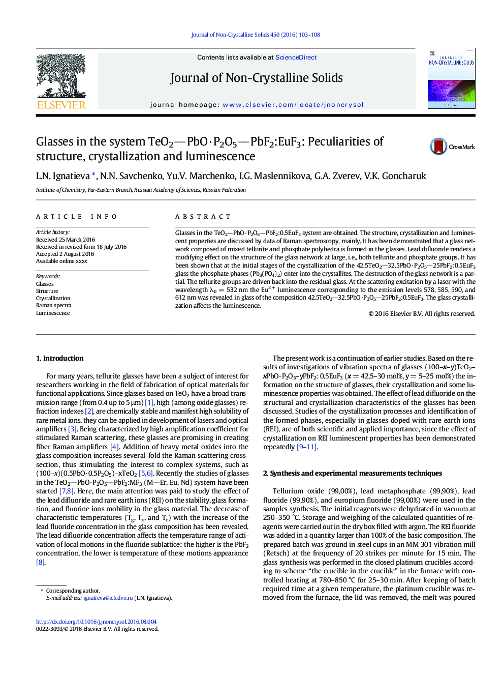 Glasses in the system TeO2PbO·P2O5PbF2:EuF3: Peculiarities of structure, crystallization and luminescence