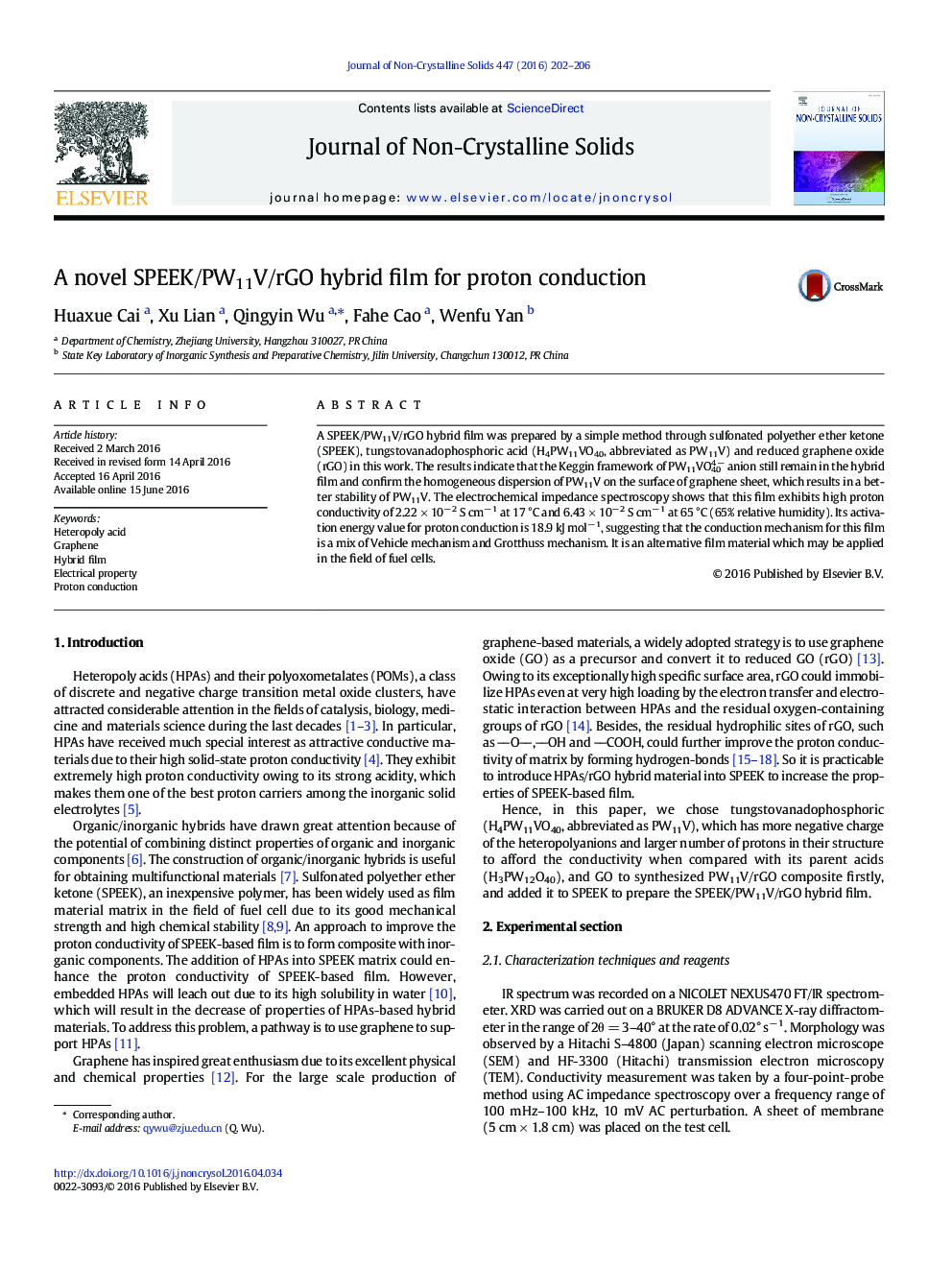 A novel SPEEK/PW11V/rGO hybrid film for proton conduction