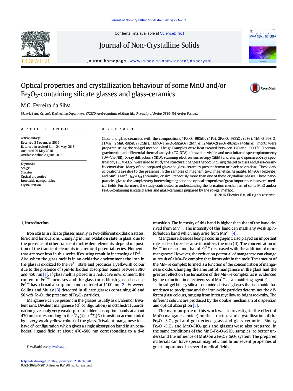 Optical properties and crystallization behaviour of some MnO and/or Fe2O3-containing silicate glasses and glass-ceramics