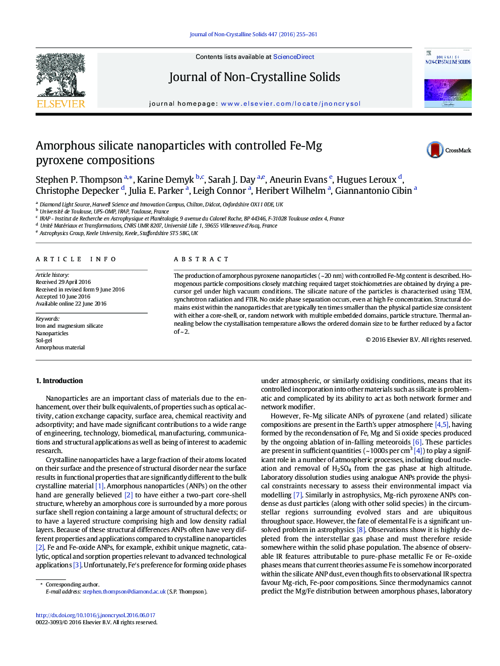 Amorphous silicate nanoparticles with controlled Fe-Mg pyroxene compositions