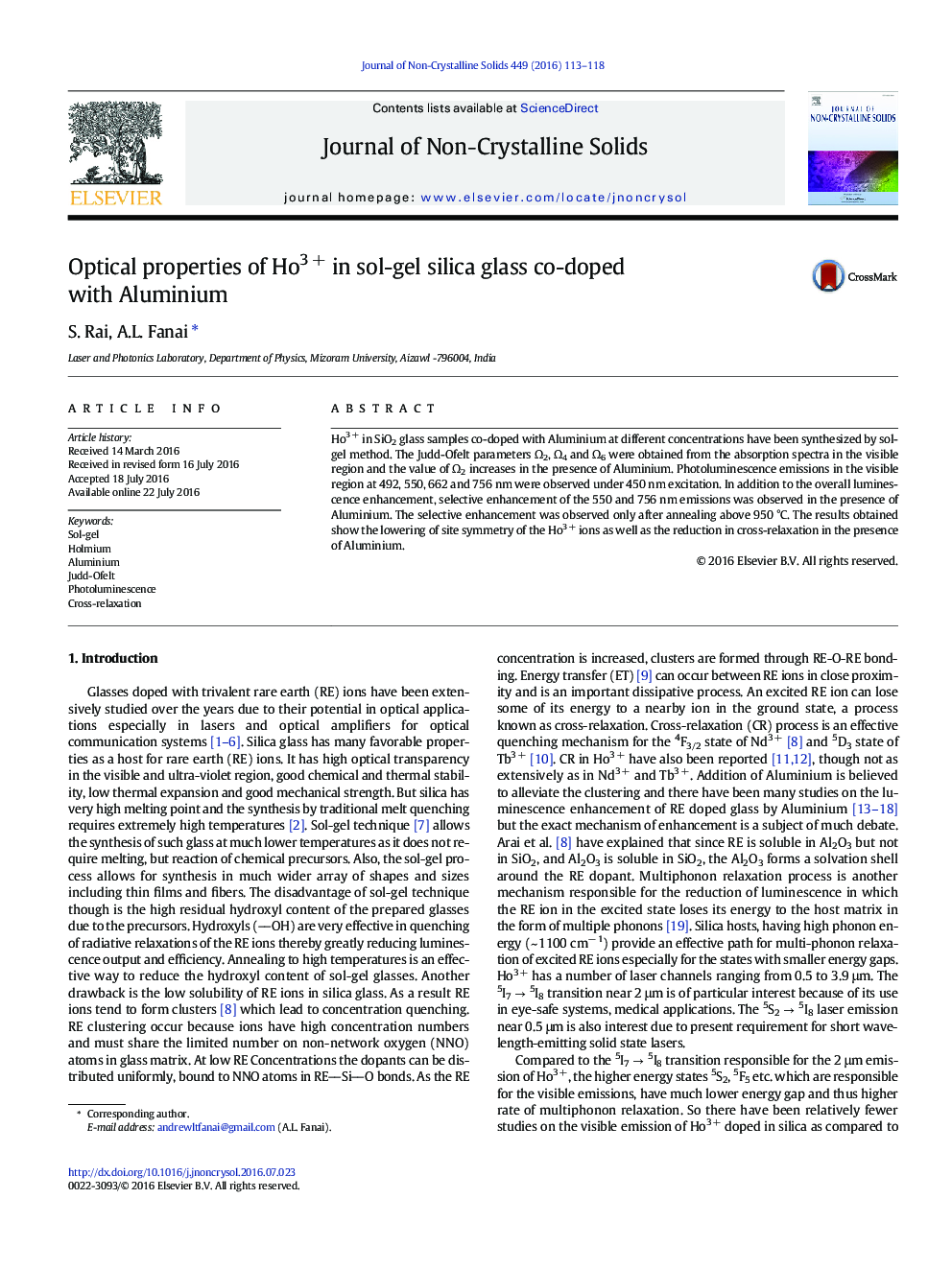 Optical properties of Ho3Â + in sol-gel silica glass co-doped with Aluminium