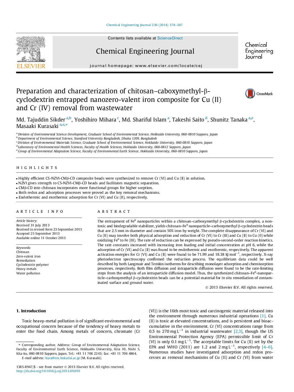 Preparation and characterization of chitosan–caboxymethyl-β-cyclodextrin entrapped nanozero-valent iron composite for Cu (II) and Cr (IV) removal from wastewater