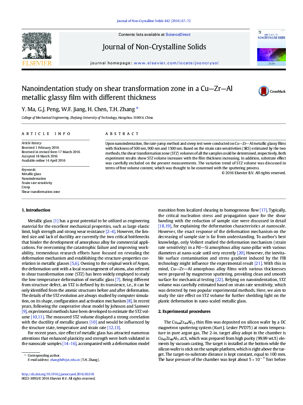 Nanoindentation study on shear transformation zone in a CuZrAl metallic glassy film with different thickness