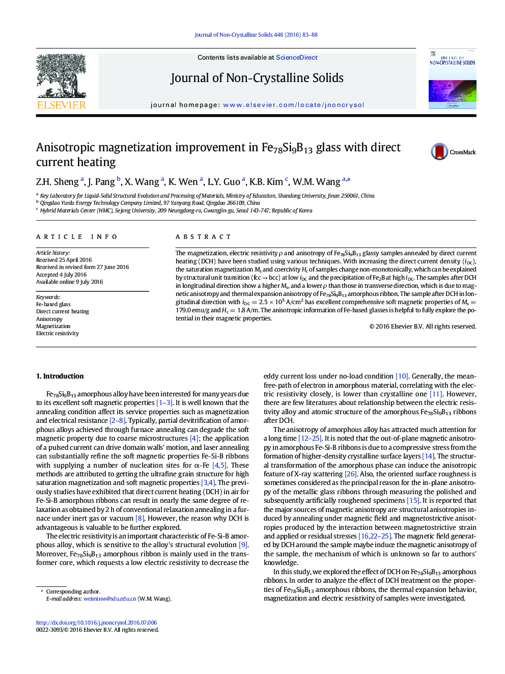 Anisotropic magnetization improvement in Fe78Si9B13 glass with direct current heating