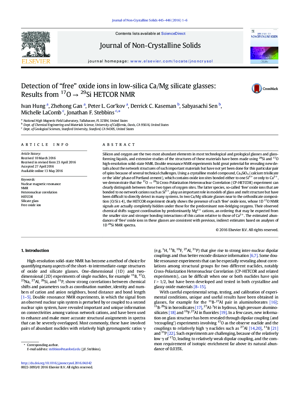 Detection of “free” oxide ions in low-silica Ca/Mg silicate glasses: Results from 17O → 29Si HETCOR NMR