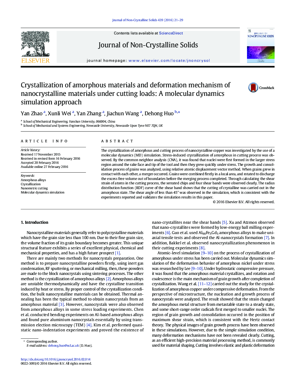 Crystallization of amorphous materials and deformation mechanism of nanocrystalline materials under cutting loads: A molecular dynamics simulation approach