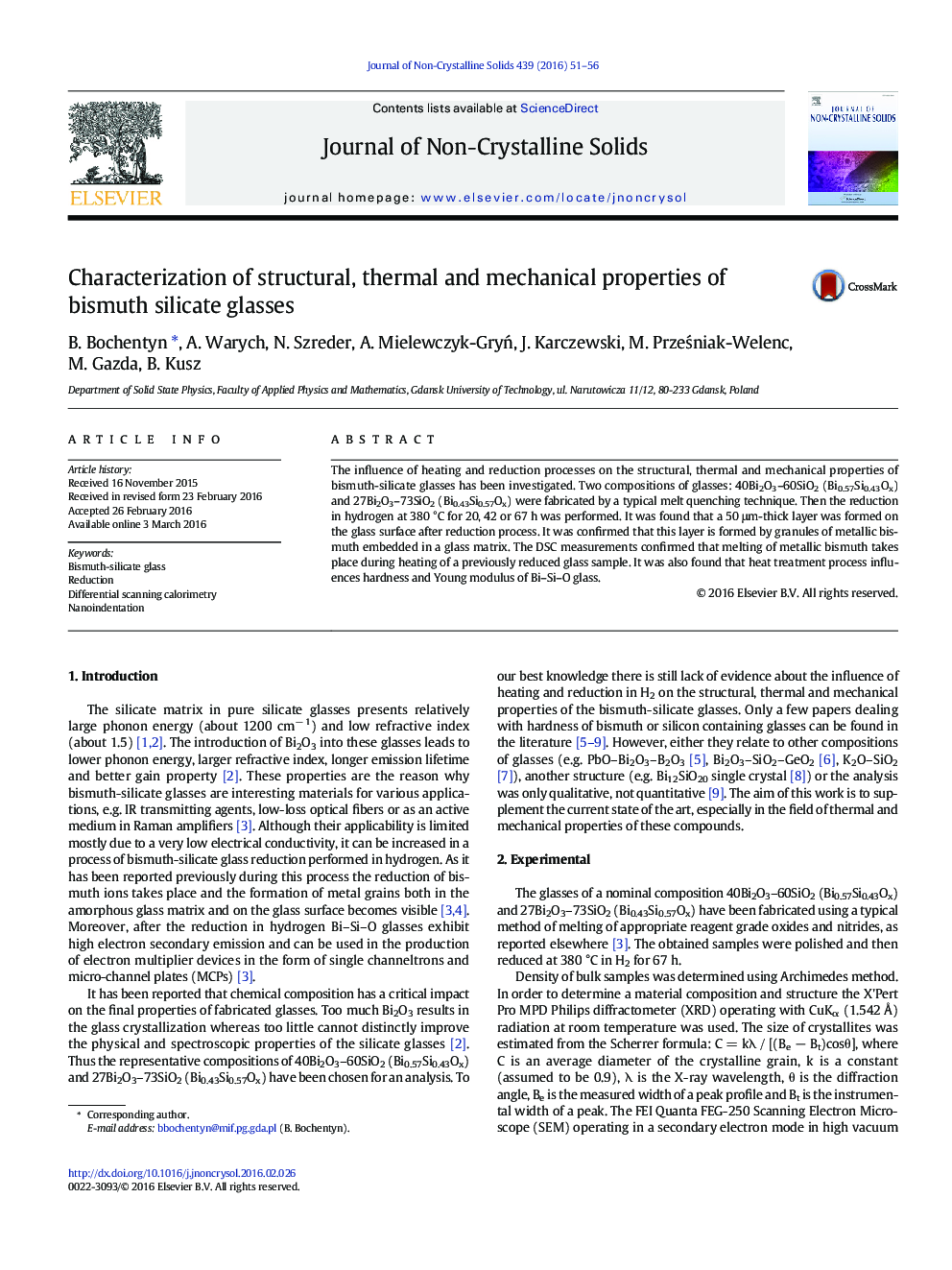 Characterization of structural, thermal and mechanical properties of bismuth silicate glasses