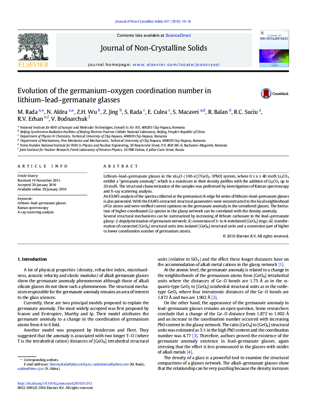 Evolution of the germanium–oxygen coordination number in lithium–lead–germanate glasses