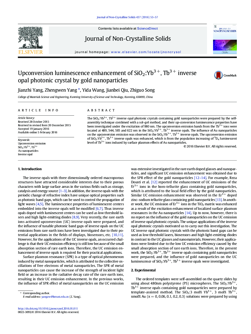 Upconversion luminescence enhancement of SiO2:Yb3 +, Tb3 + inverse opal photonic crystal by gold nanoparticles