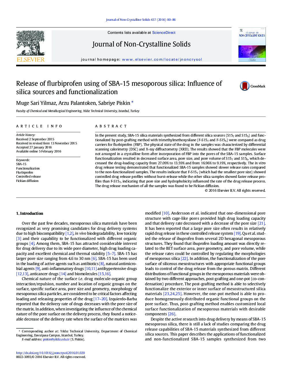 Release of flurbiprofen using of SBA-15 mesoporous silica: Influence of silica sources and functionalization