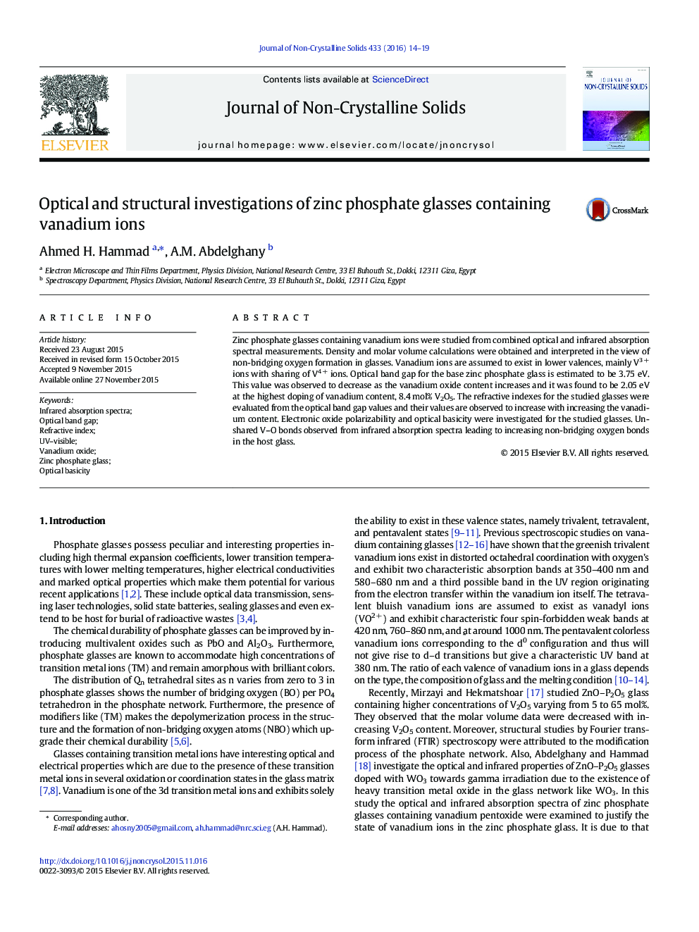 Optical and structural investigations of zinc phosphate glasses containing vanadium ions