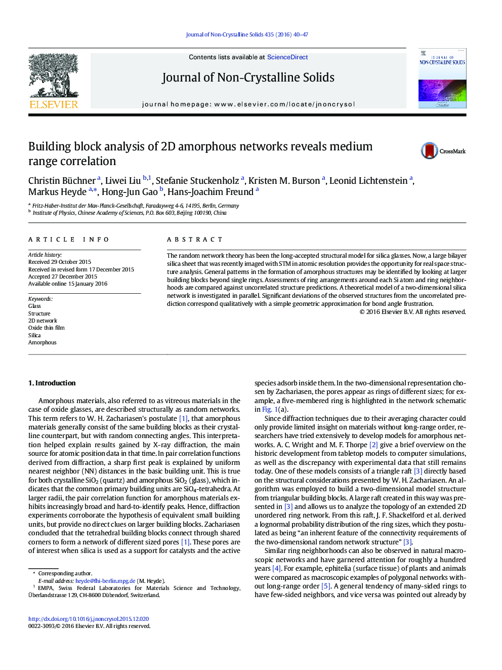 Building block analysis of 2D amorphous networks reveals medium range correlation