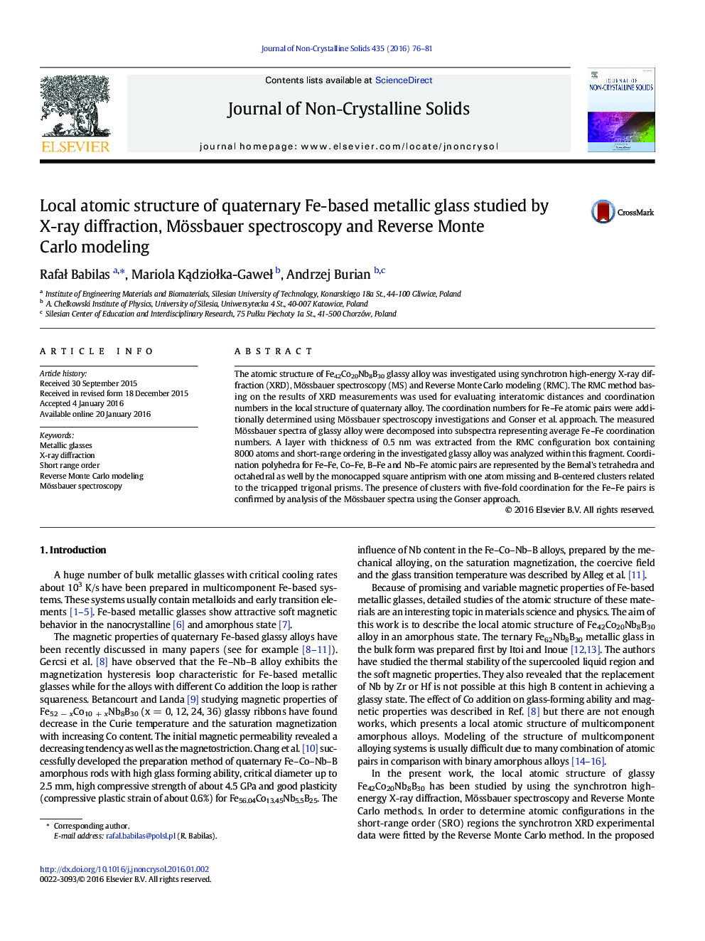 Local atomic structure of quaternary Fe-based metallic glass studied by X-ray diffraction, Mössbauer spectroscopy and Reverse Monte Carlo modeling