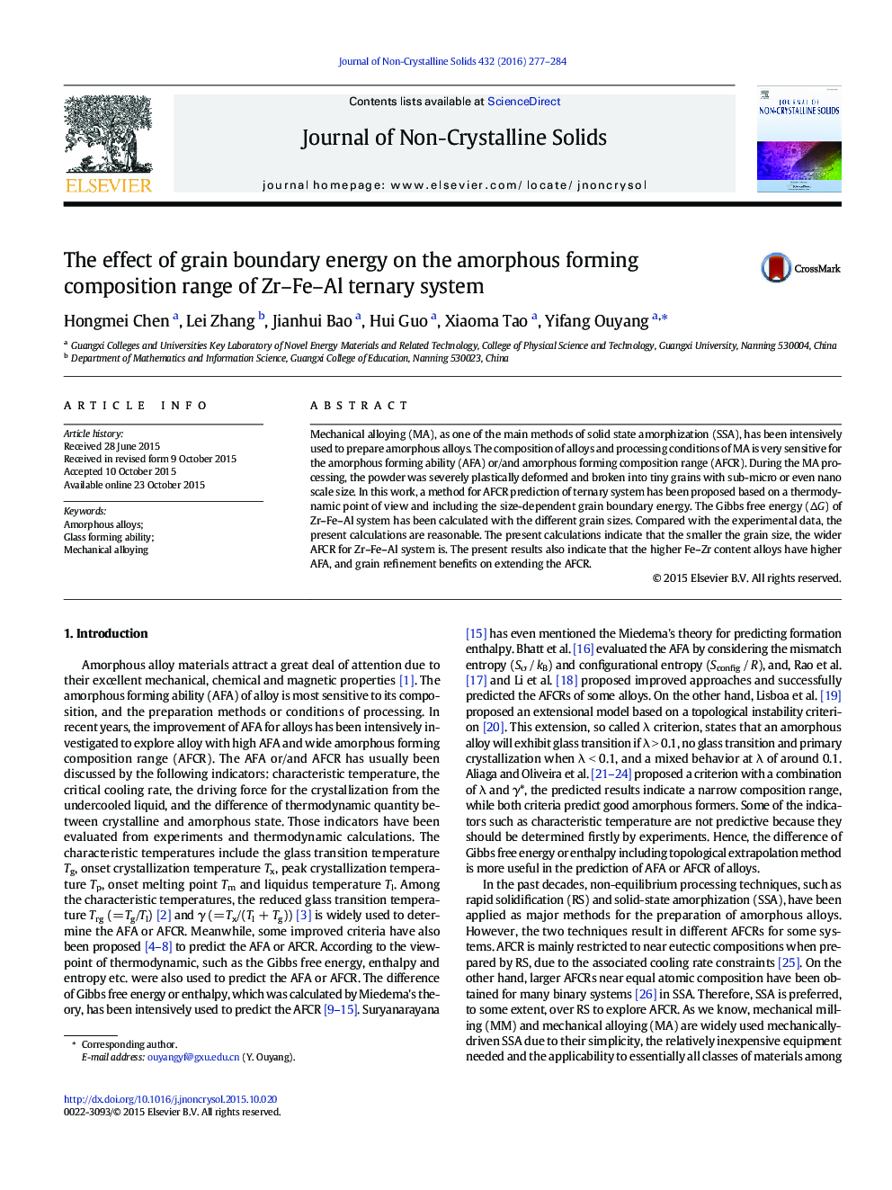 The effect of grain boundary energy on the amorphous forming composition range of Zr–Fe–Al ternary system