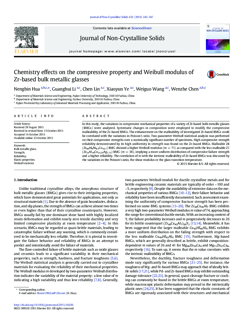 Chemistry effects on the compressive property and Weibull modulus of Zr-based bulk metallic glasses