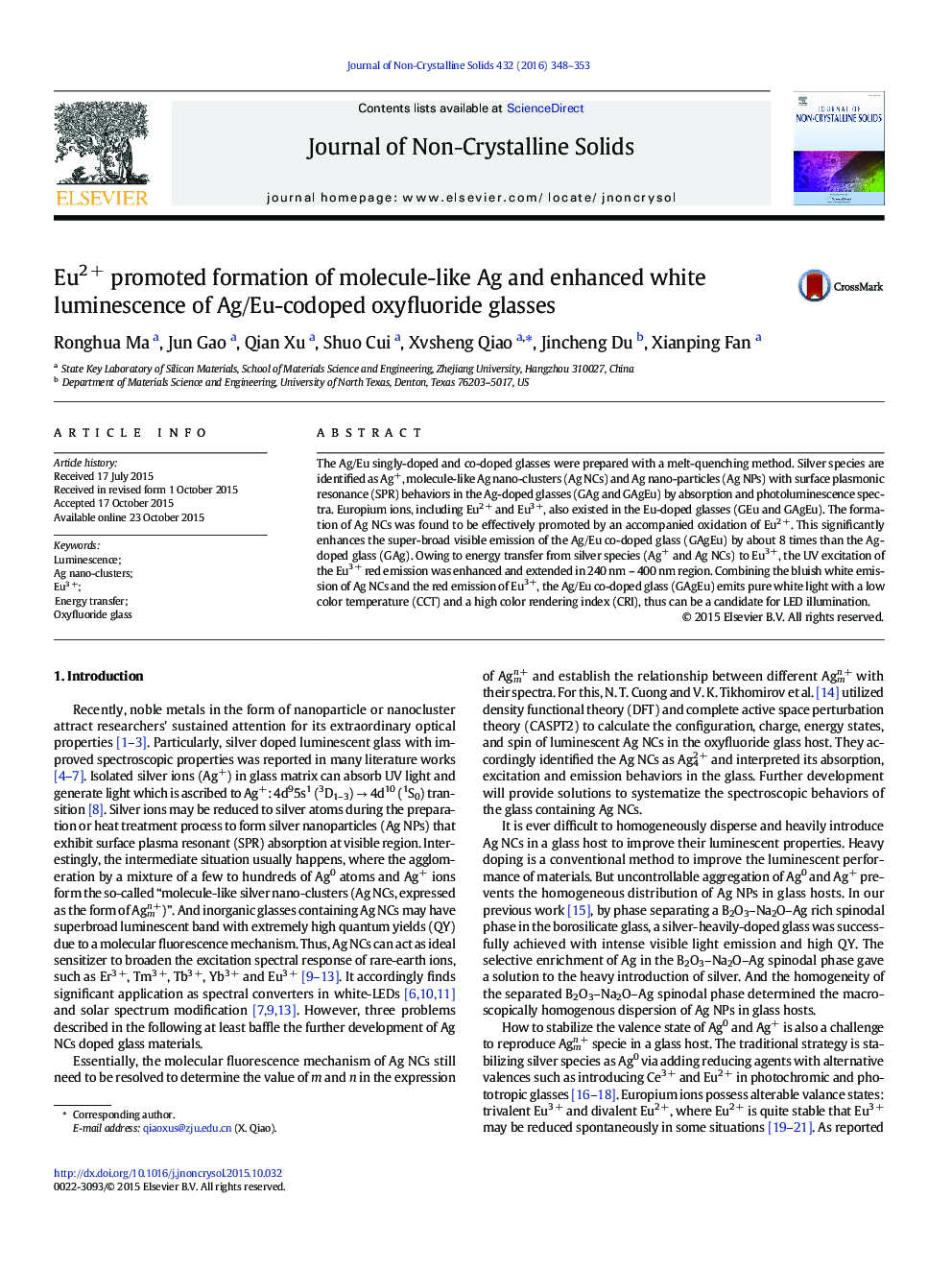عکس صفحه اول مقاله: Eu2 + promoted formation of molecule-like Ag and enhanced white luminescence of Ag/Eu-codoped oxyfluoride glasses Eu2 + promoted formation of molecule-like Ag and enhanced white luminescence of Ag/Eu-codoped oxyfluoride glasses