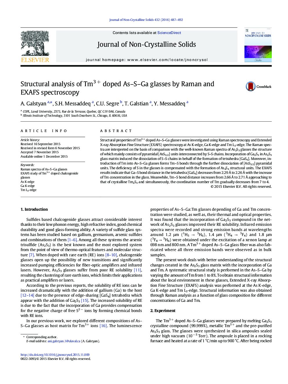 Structural analysis of Tm3 + doped As–S–Ga glasses by Raman and EXAFS spectroscopy
