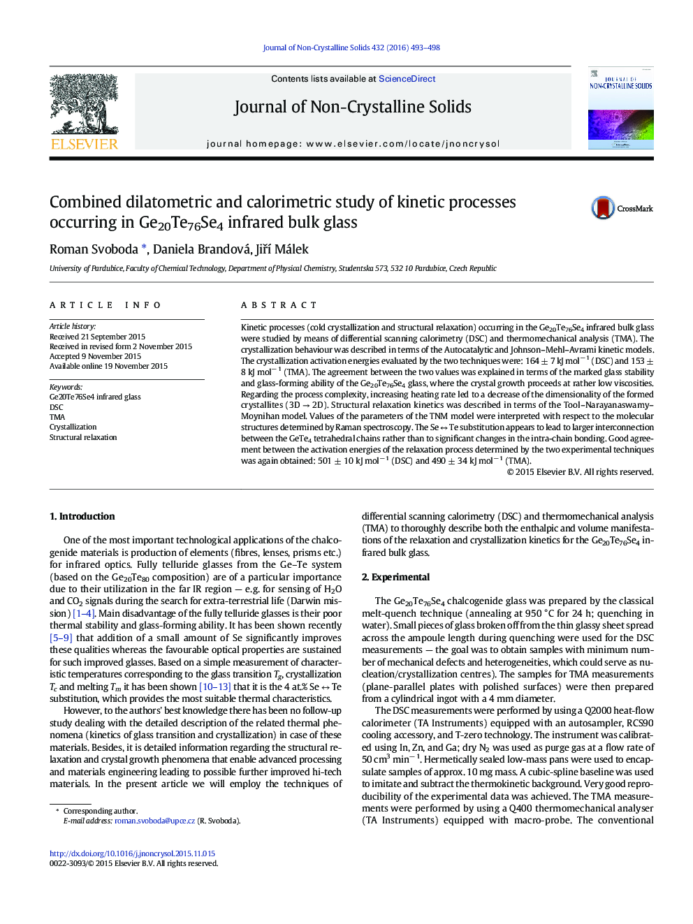 Combined dilatometric and calorimetric study of kinetic processes occurring in Ge20Te76Se4 infrared bulk glass