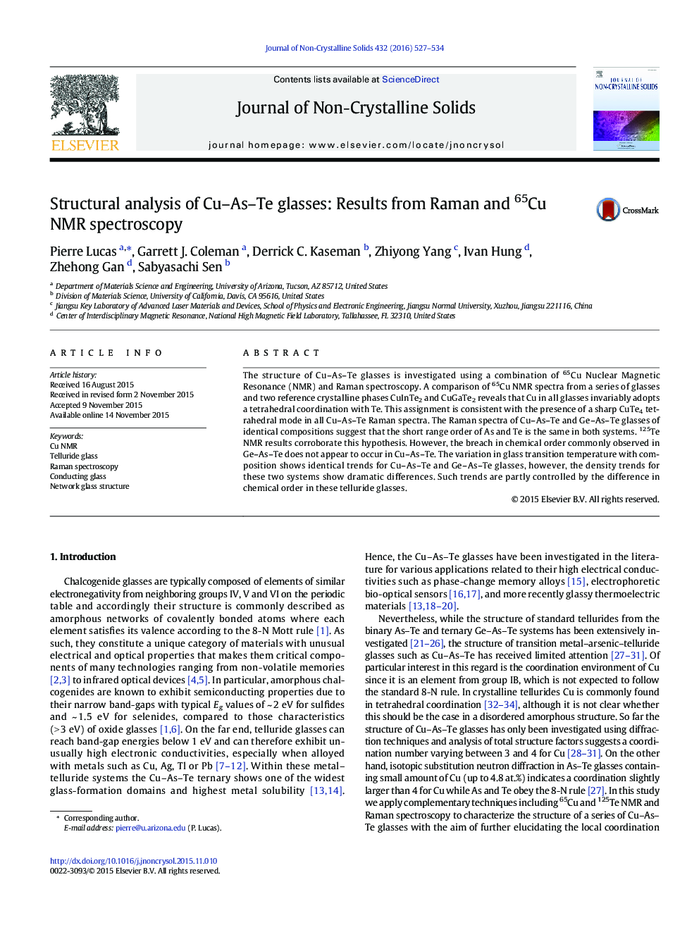 Structural analysis of Cu–As–Te glasses: Results from Raman and 65Cu NMR spectroscopy