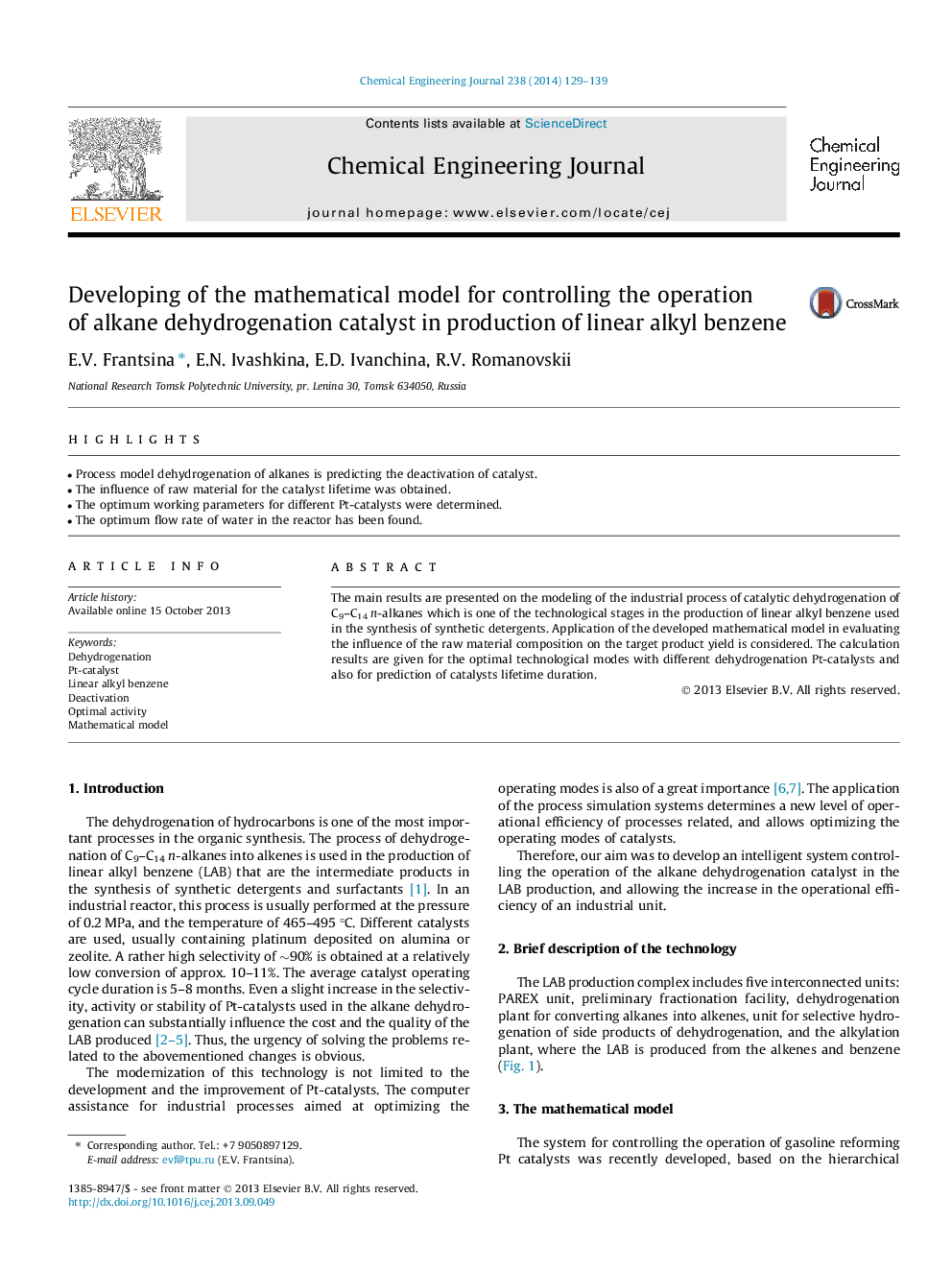 Developing of the mathematical model for controlling the operation of alkane dehydrogenation catalyst in production of linear alkyl benzene