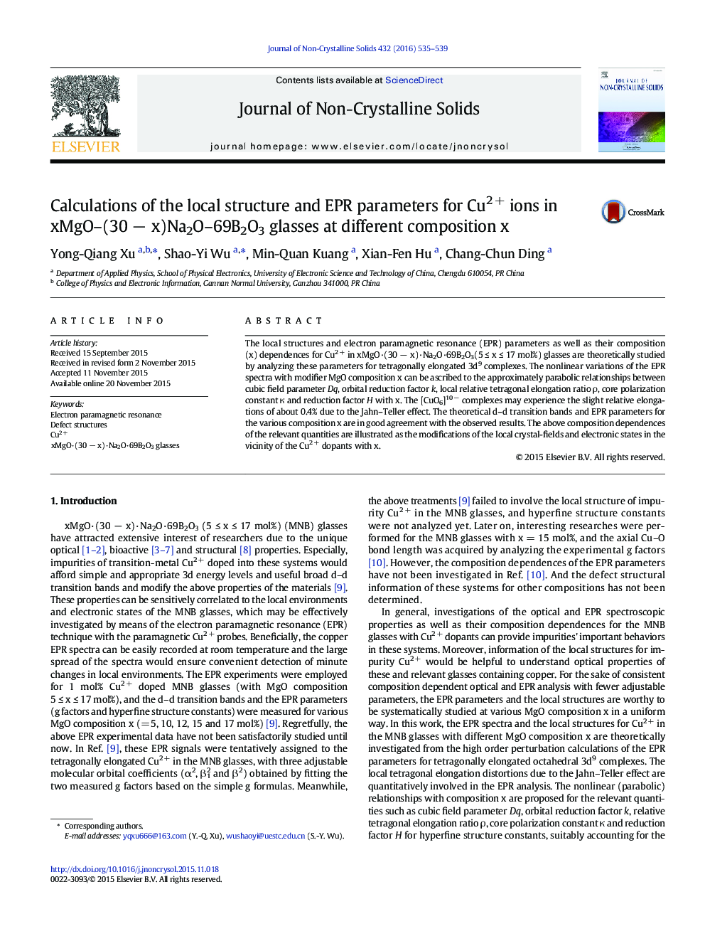 Calculations of the local structure and EPR parameters for Cu2Â + ions in xMgO-(30Â âÂ x)Na2O-69B2O3 glasses at different composition x