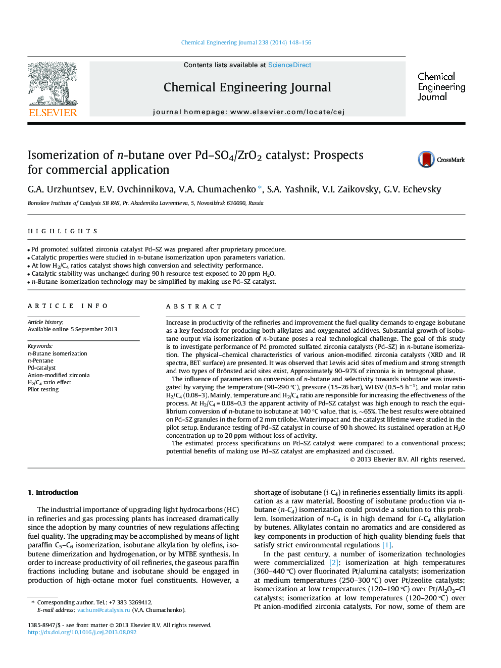 Isomerization of n-butane over Pd–SO4/ZrO2 catalyst: Prospects for commercial application