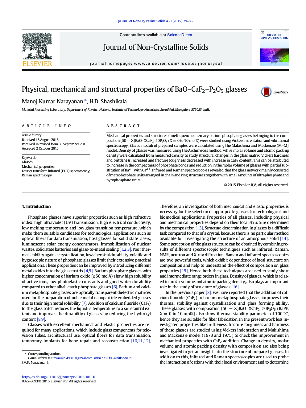 Physical, mechanical and structural properties of BaO–CaF2–P2O5 glasses