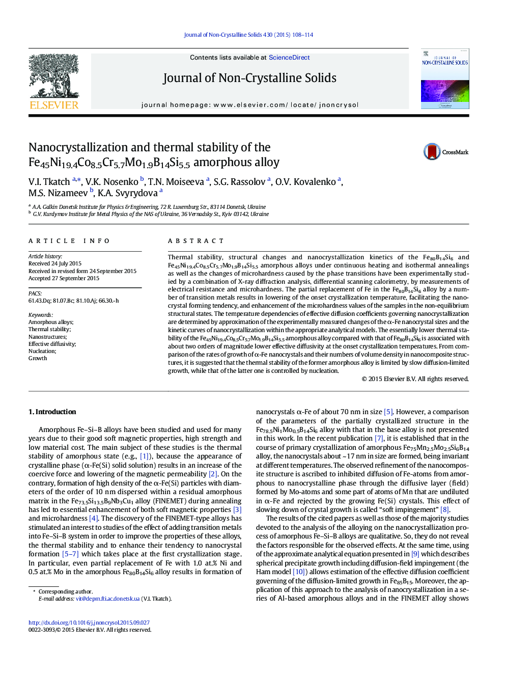 Nanocrystallization and thermal stability of the Fe45Ni19.4Co8.5Cr5.7Mo1.9B14Si5.5 amorphous alloy